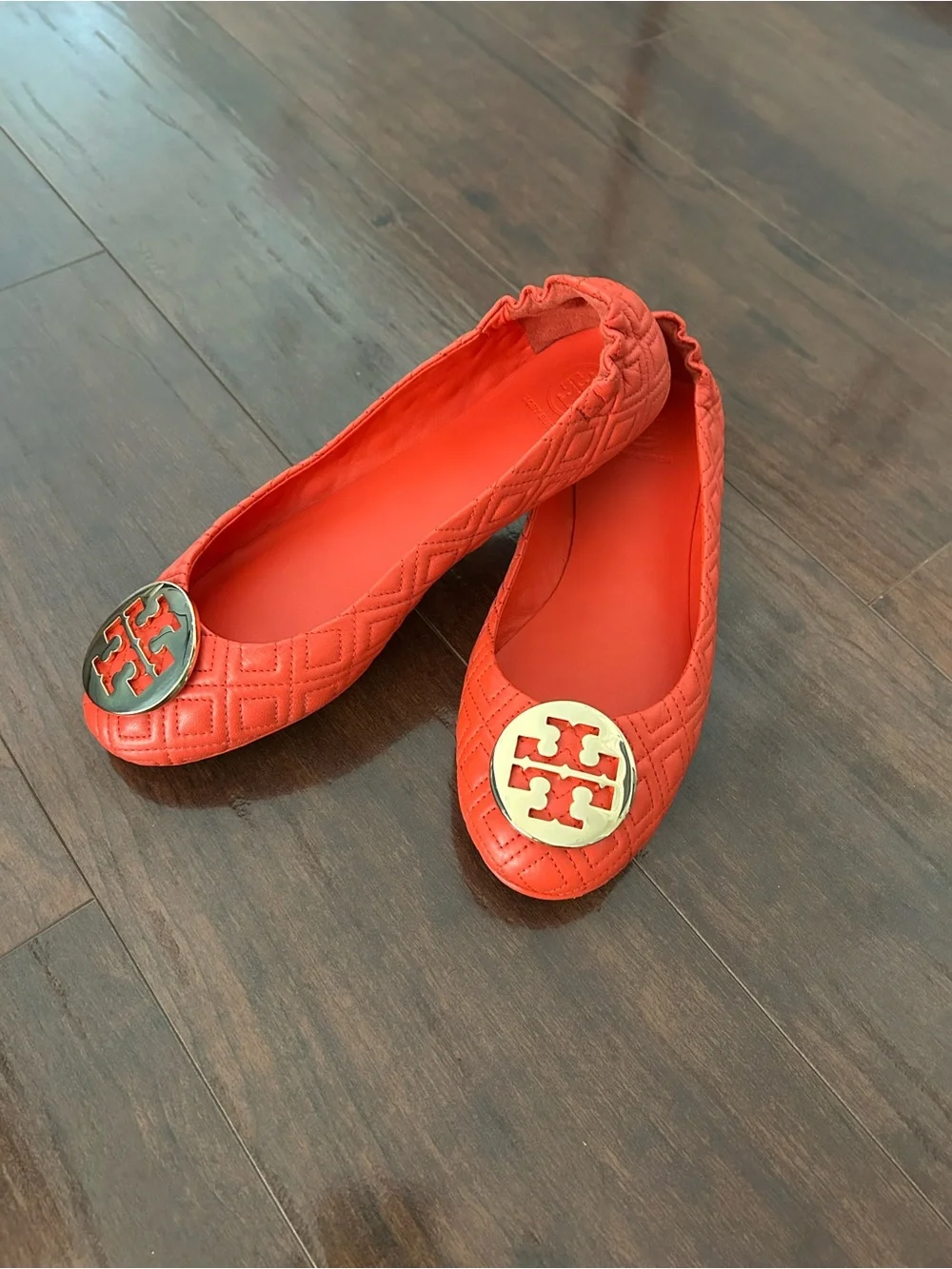 Tory Burch Coral-Orange Reva Quilted Ballet Flats